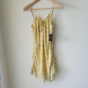 Forever 21 Yellow Ditsy Floral Mini Dress side ruching ruffle hem cami Sz S NWT